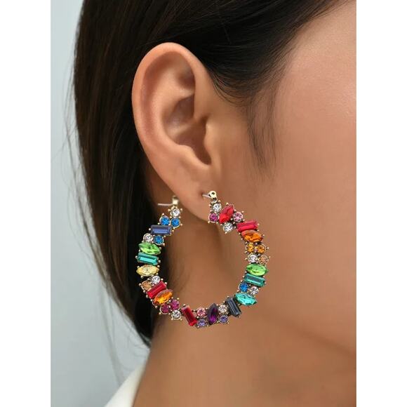 Pierced 2" gold, green multi colored pointed stone hoop earrings - Picture 1 of 4